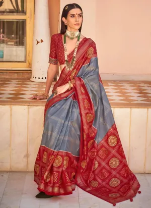 Gray Red Polyester Viscose Silk Base Foil Printed Casual Saree