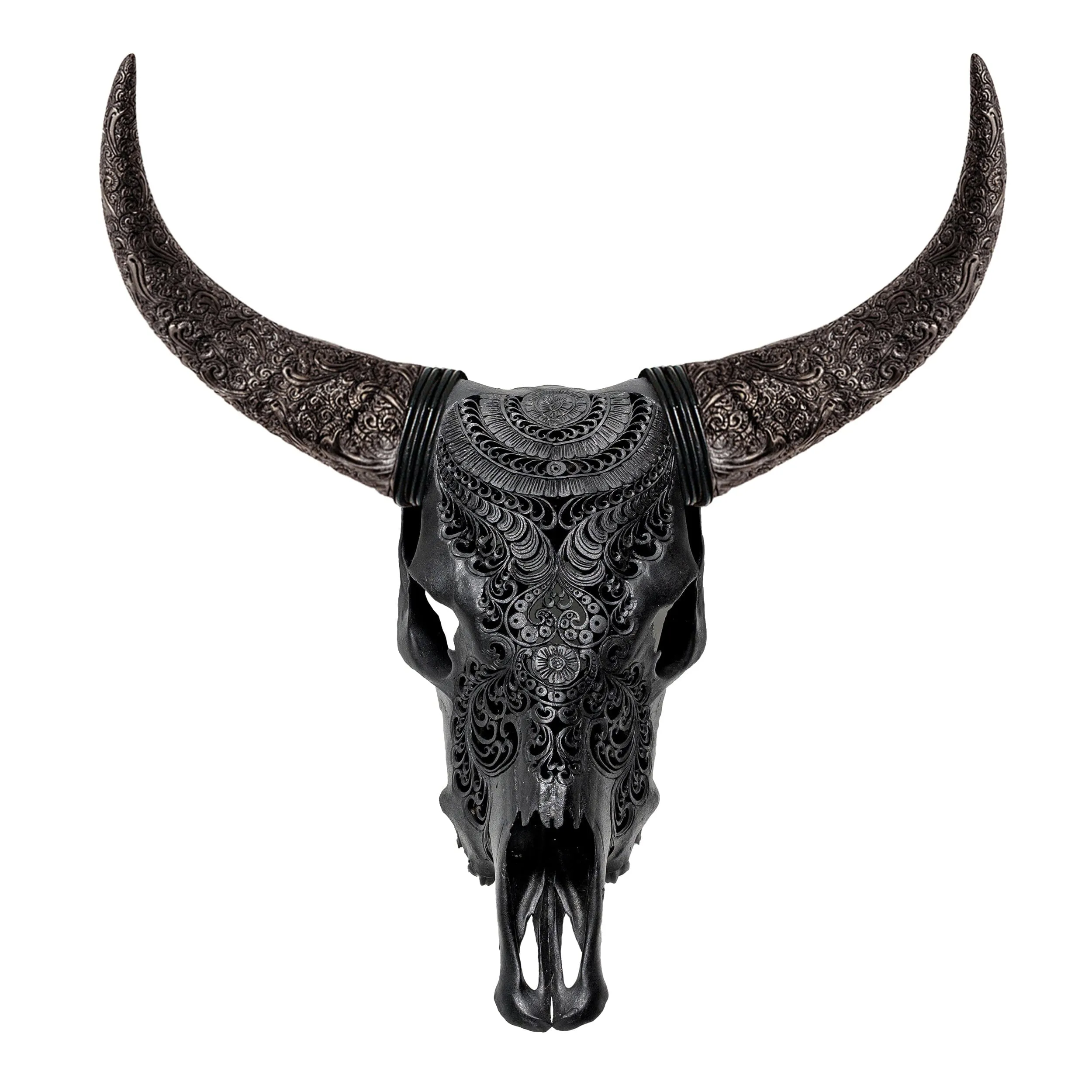 Hand Carved Cow Skull - Matte Black Boho