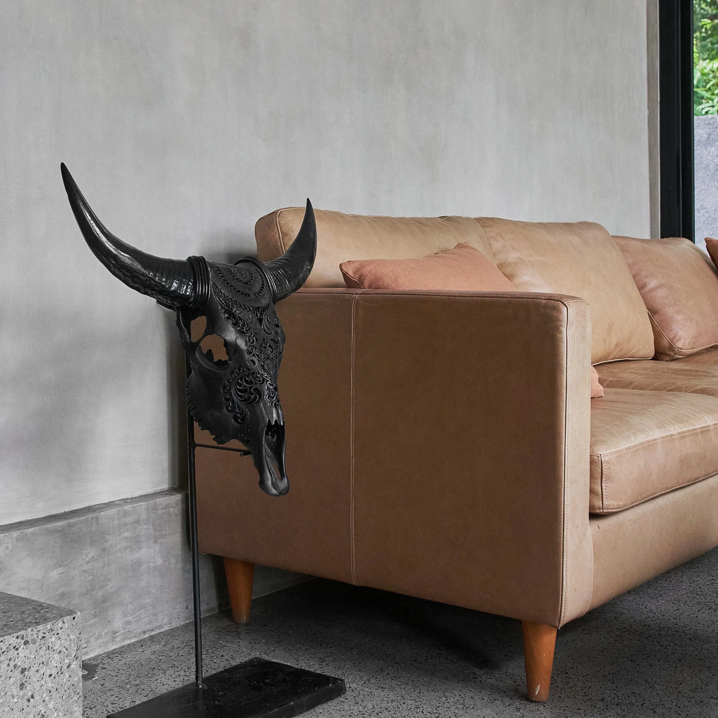 Hand Carved Cow Skull - Matte Black Boho