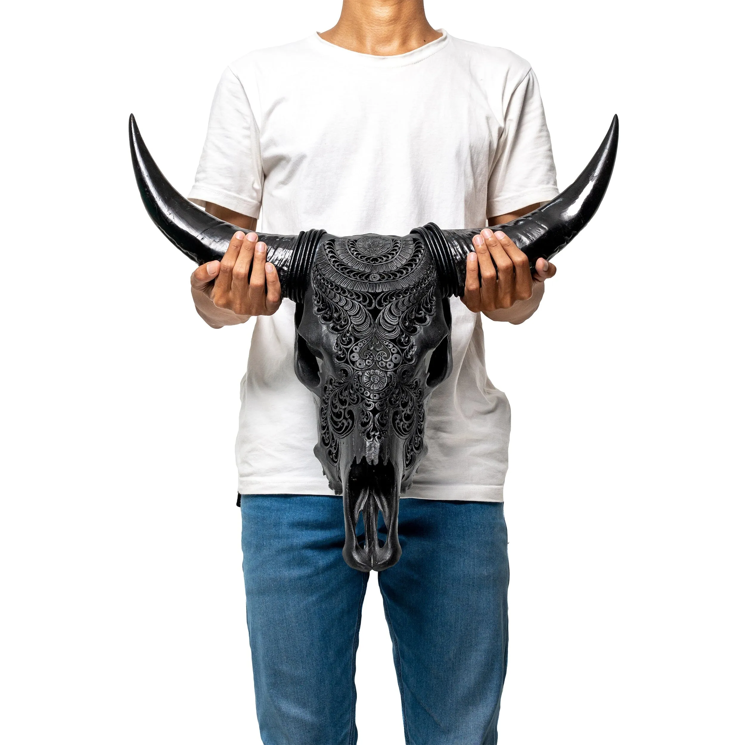 Hand Carved Cow Skull - Matte Black Boho