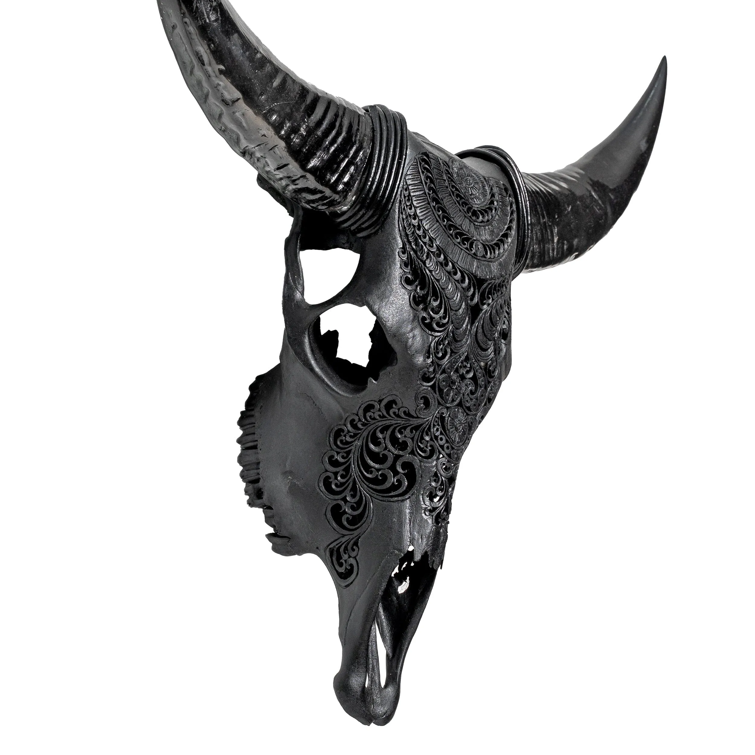 Hand Carved Cow Skull - Matte Black Boho