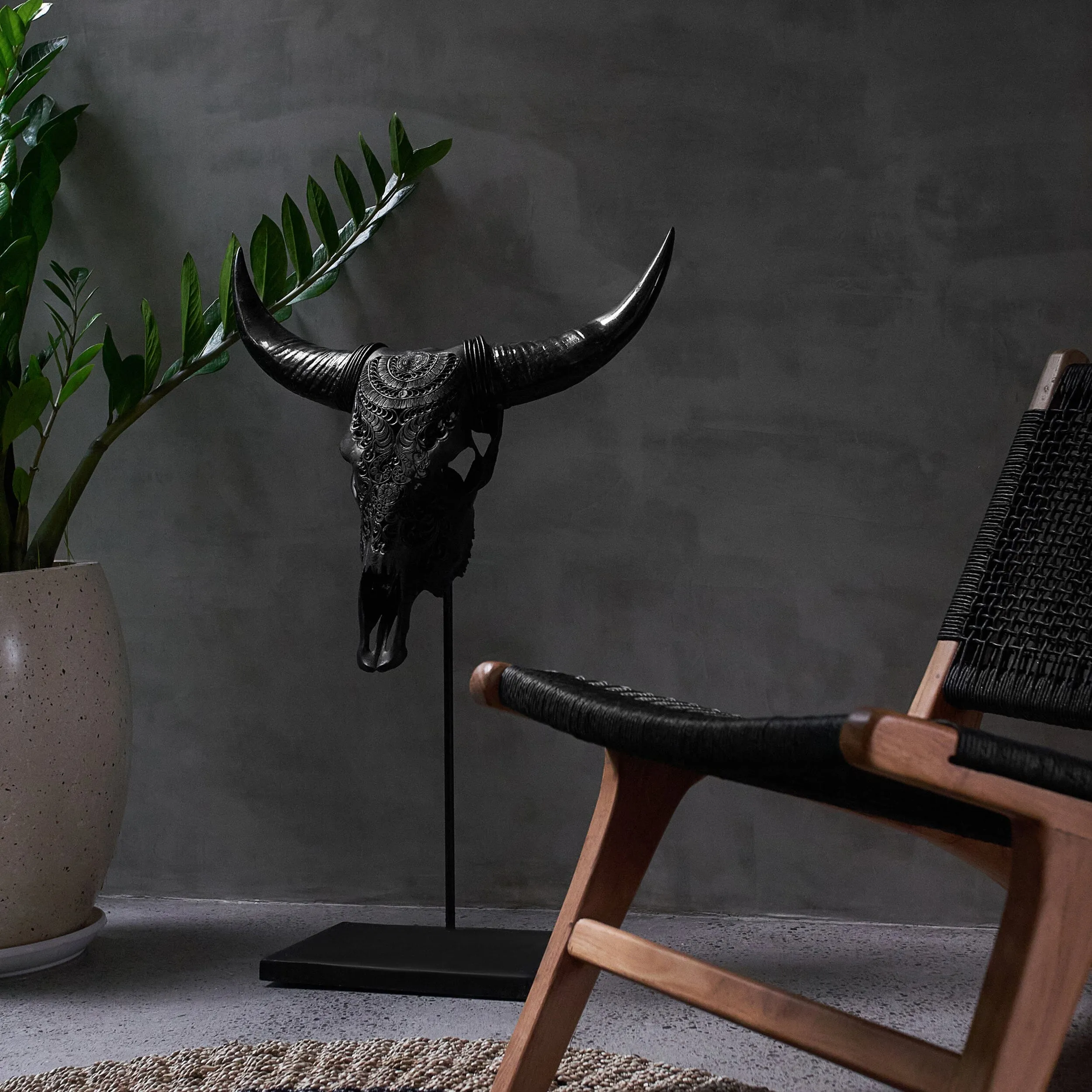 Hand Carved Cow Skull - Matte Black Boho