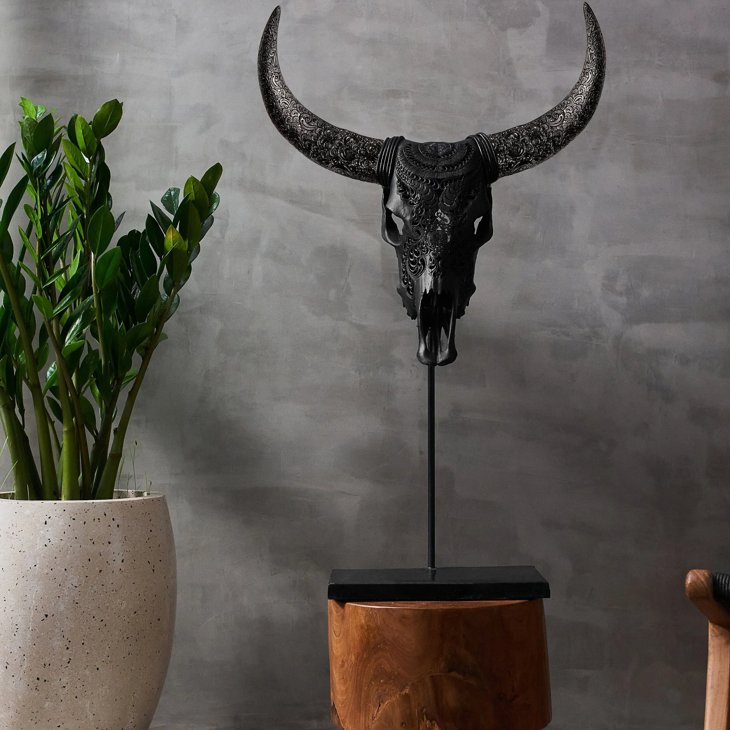 Hand Carved Cow Skull - Matte Black Boho