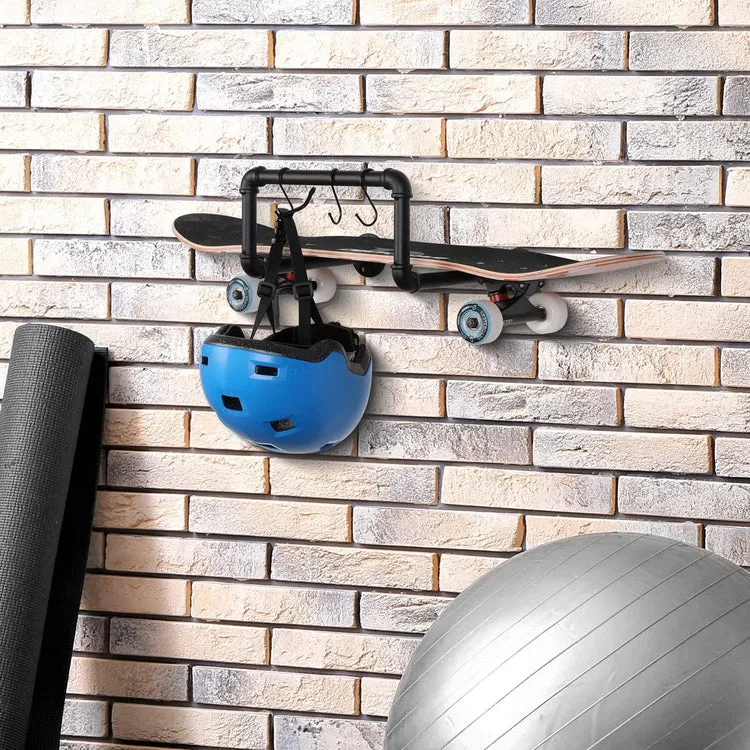 Industrial Design Black Metal Pipe Skateboard, Longboard Wall Mounted Storage Display Rack with 3 Hanging S-Hooks