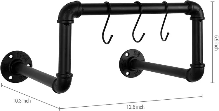 Industrial Design Black Metal Pipe Skateboard, Longboard Wall Mounted Storage Display Rack with 3 Hanging S-Hooks