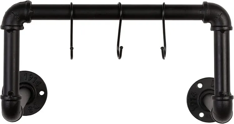 Industrial Design Black Metal Pipe Skateboard, Longboard Wall Mounted Storage Display Rack with 3 Hanging S-Hooks