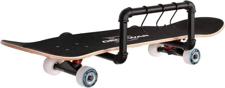 Industrial Design Black Metal Pipe Skateboard, Longboard Wall Mounted Storage Display Rack with 3 Hanging S-Hooks