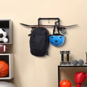 Industrial Design Black Metal Pipe Skateboard, Longboard Wall Mounted Storage Display Rack with 3 Hanging S-Hooks