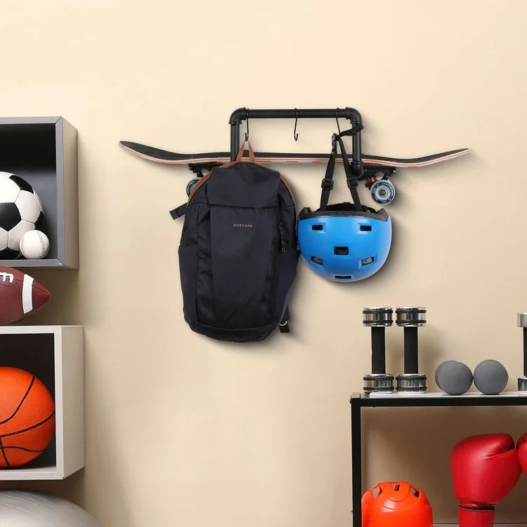 Industrial Design Black Metal Pipe Skateboard, Longboard Wall Mounted Storage Display Rack with 3 Hanging S-Hooks