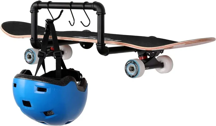 Industrial Design Black Metal Pipe Skateboard, Longboard Wall Mounted Storage Display Rack with 3 Hanging S-Hooks