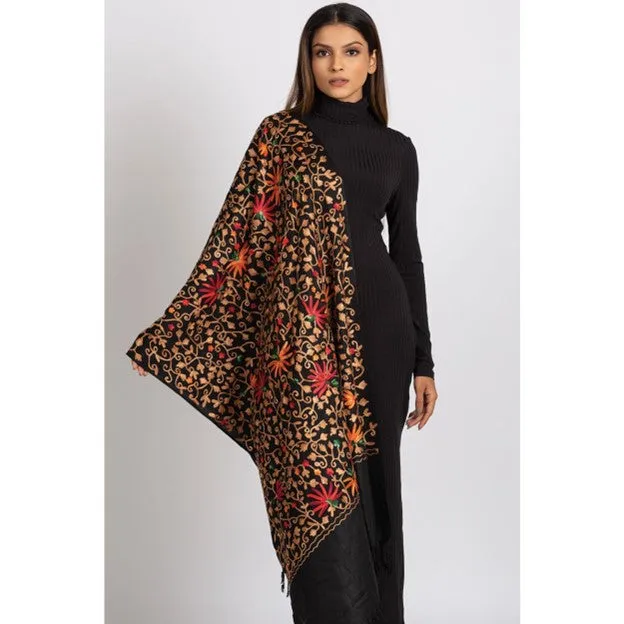 Kamal Embroidered Shawl in Black, Gold and Reds
