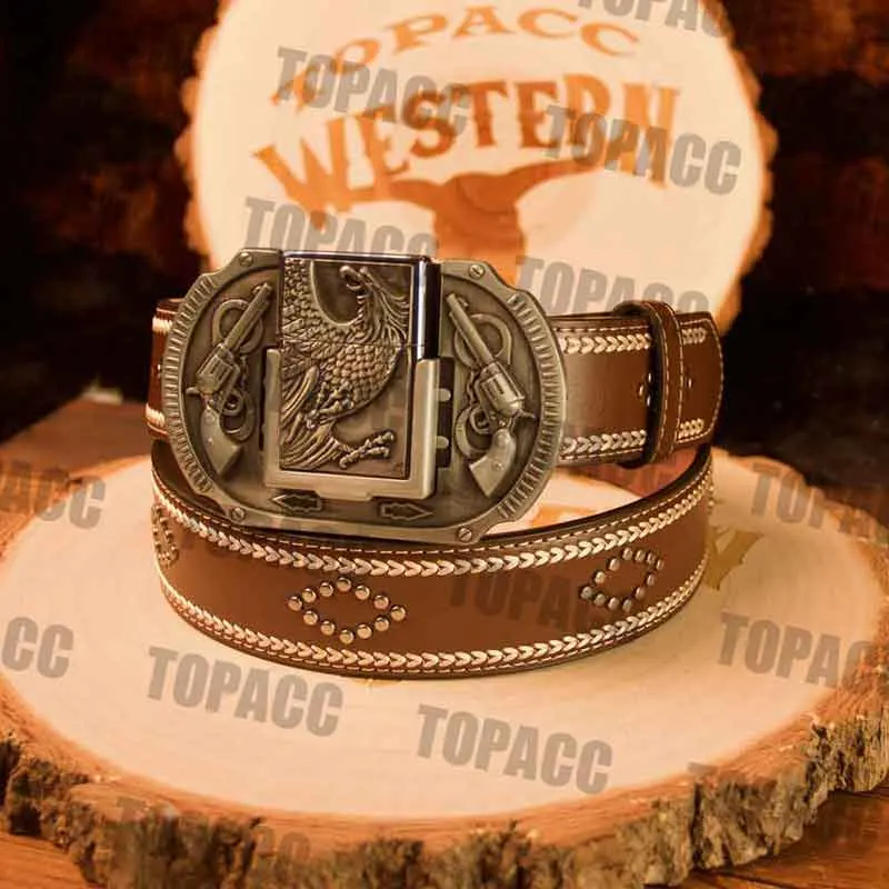 Leather Vintage Belt with Vintage Lighter Buckle