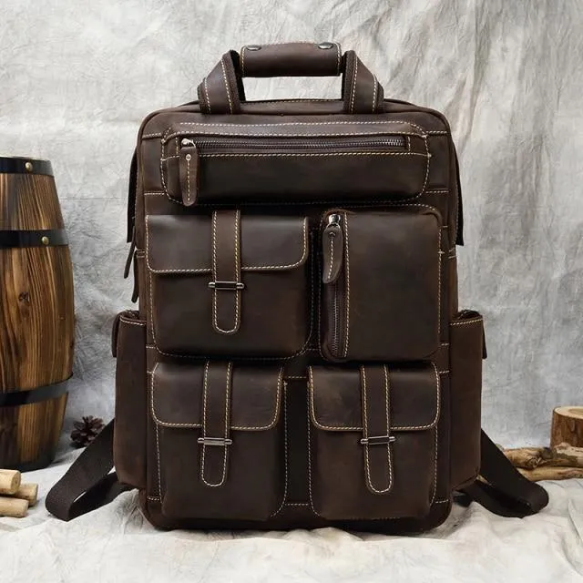 Mens Big Outdoor Travel Leather Backpack Fits 17 Inch