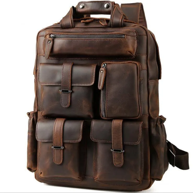 Mens Big Outdoor Travel Leather Backpack Fits 17 Inch