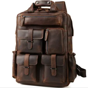 Mens Big Outdoor Travel Leather Backpack Fits 17 Inch