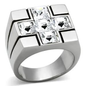 Mens Clear Cross Gem Silver Ring Stainless Steel