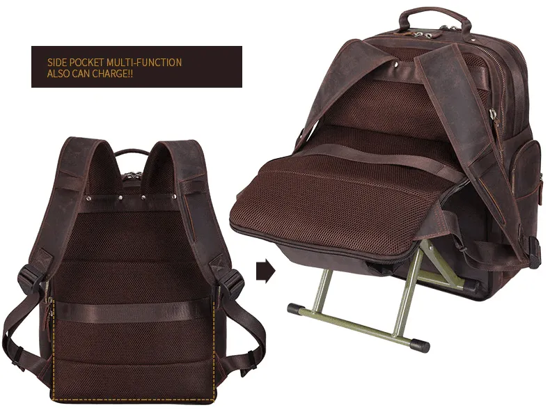 Mens Leather Backpack Collapsible Chair Large Capacity