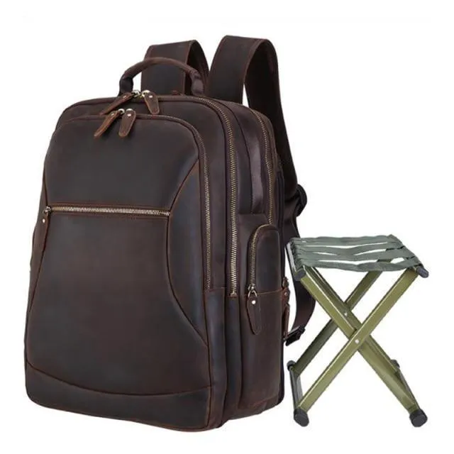Mens Leather Backpack Collapsible Chair Large Capacity