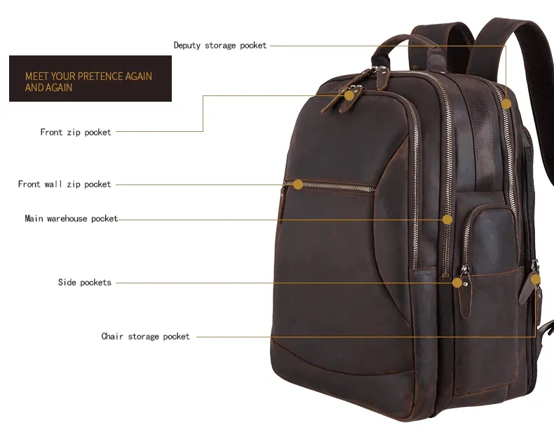 Mens Leather Backpack Collapsible Chair Large Capacity