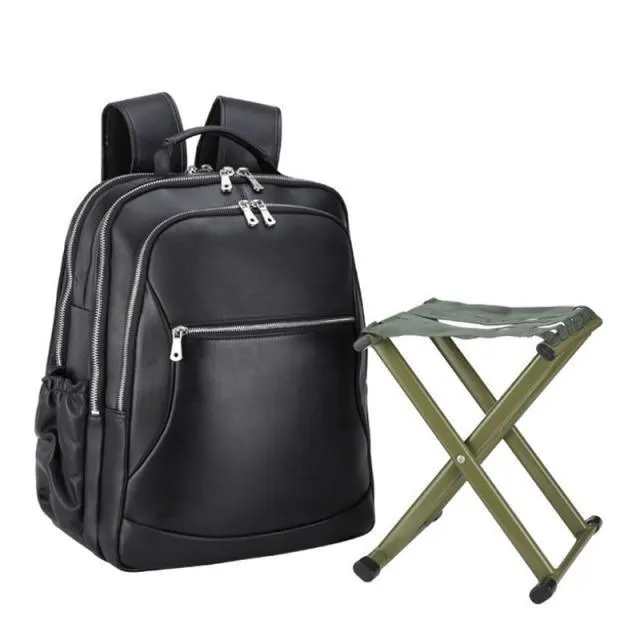 Mens Leather Backpack Collapsible Chair Large Capacity