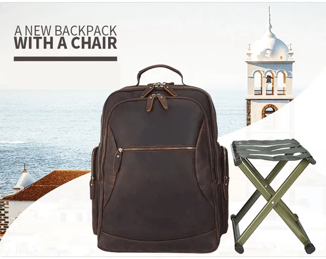 Mens Leather Backpack Collapsible Chair Large Capacity