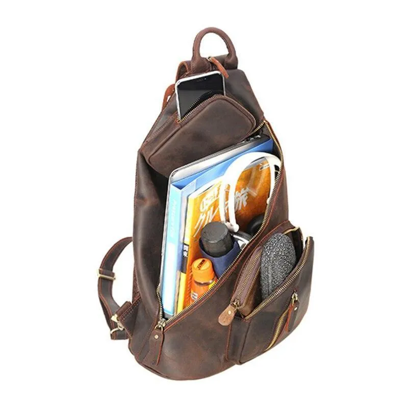 Mens Leather Backpack Shoulder Sling Bag Chest Pack Usb...