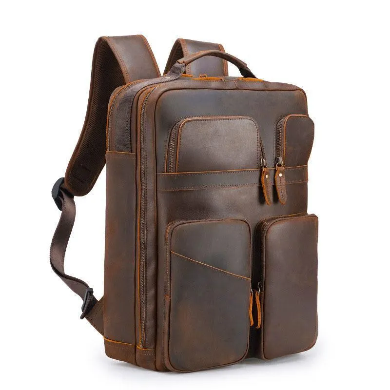 Mens Leather Multifunctional Backpack Large Capacity