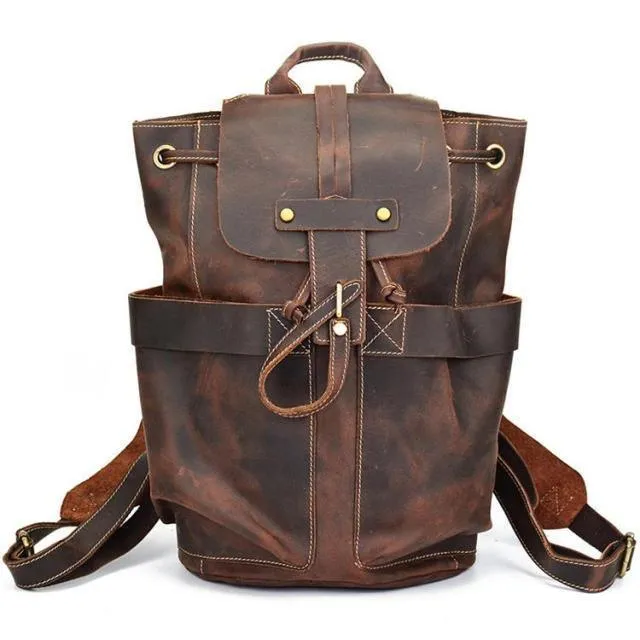 Mens Retro Rucksack Genuine Leather Travel Backpack