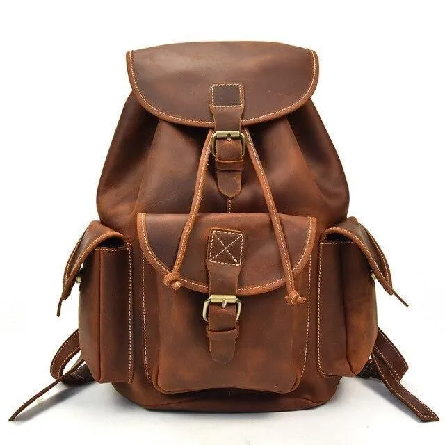 Mens Retro Rucksack Genuine Leather Travel Backpack