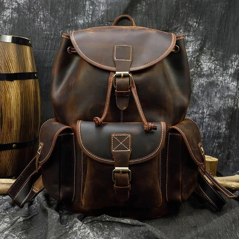 Mens Retro Rucksack Genuine Leather Travel Backpack