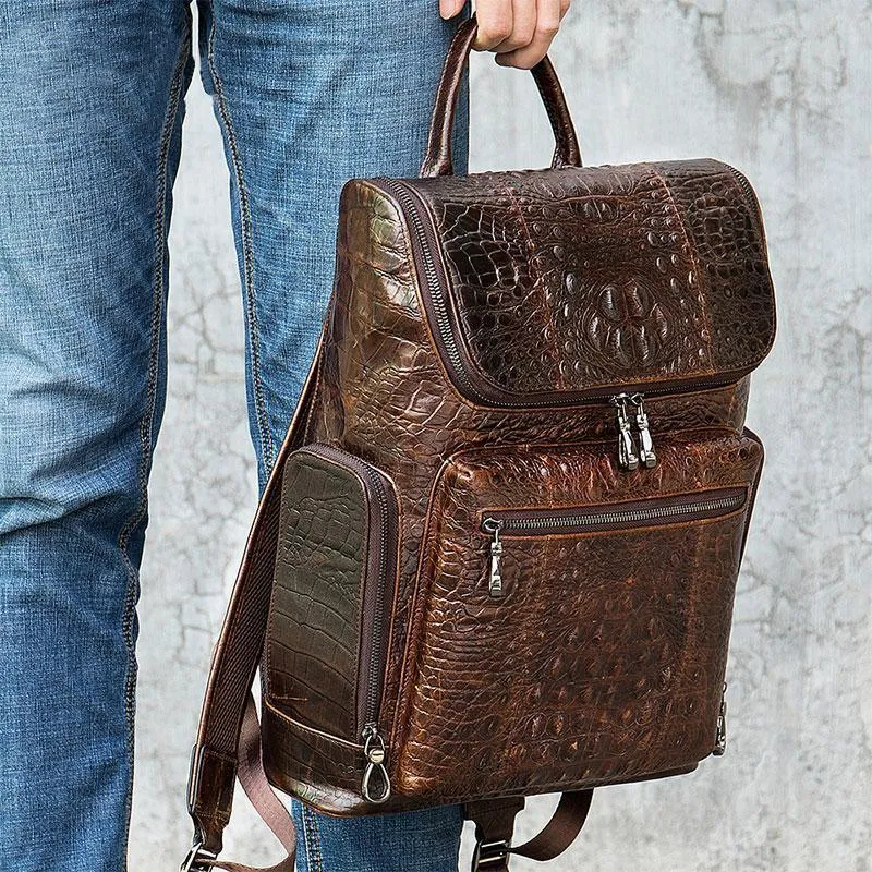 Mens Textured Leather Backpacks Stylish Travel Bags Black