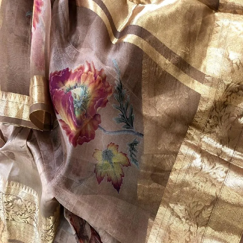 Neutral Digital Printed Organza Saree