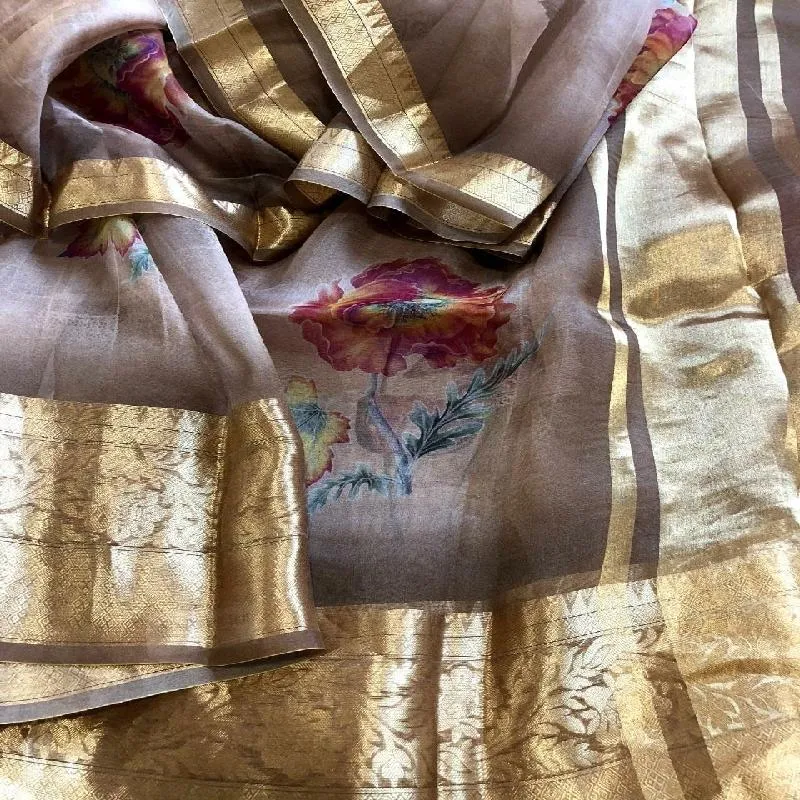 Neutral Digital Printed Organza Saree