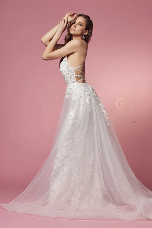 NOX ANABEL F485W  Lace Applique V-Neck Trumpet Bridal Dress
