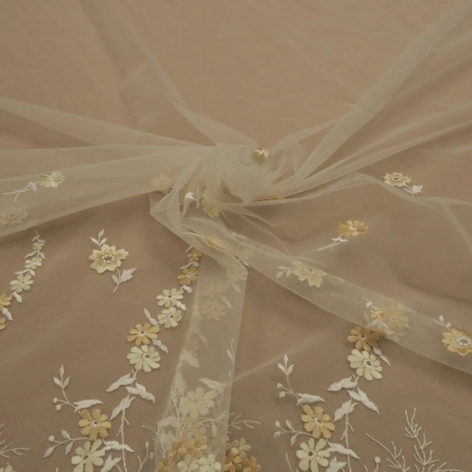 Off  White Tulle with Yellow and Gold Floral Design Embroidered Fabric
