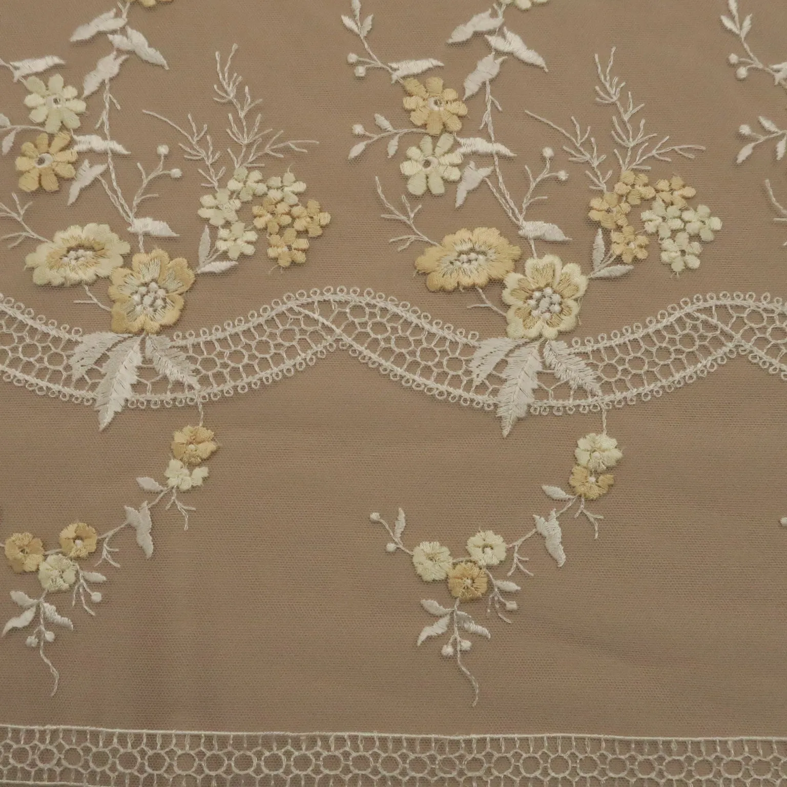 Off  White Tulle with Yellow and Gold Floral Design Embroidered Fabric