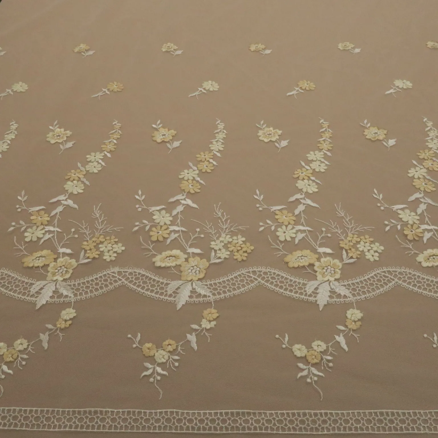 Off  White Tulle with Yellow and Gold Floral Design Embroidered Fabric
