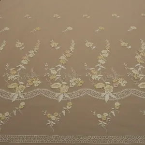 Off  White Tulle with Yellow and Gold Floral Design Embroidered Fabric