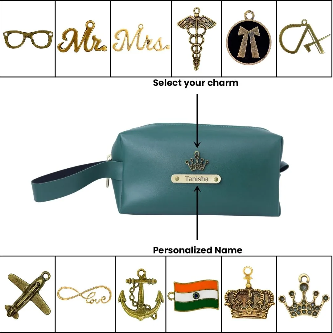 Personalized Travel Pouch with Name & Charm – Customized Utility Pouch for Women & Men - Green