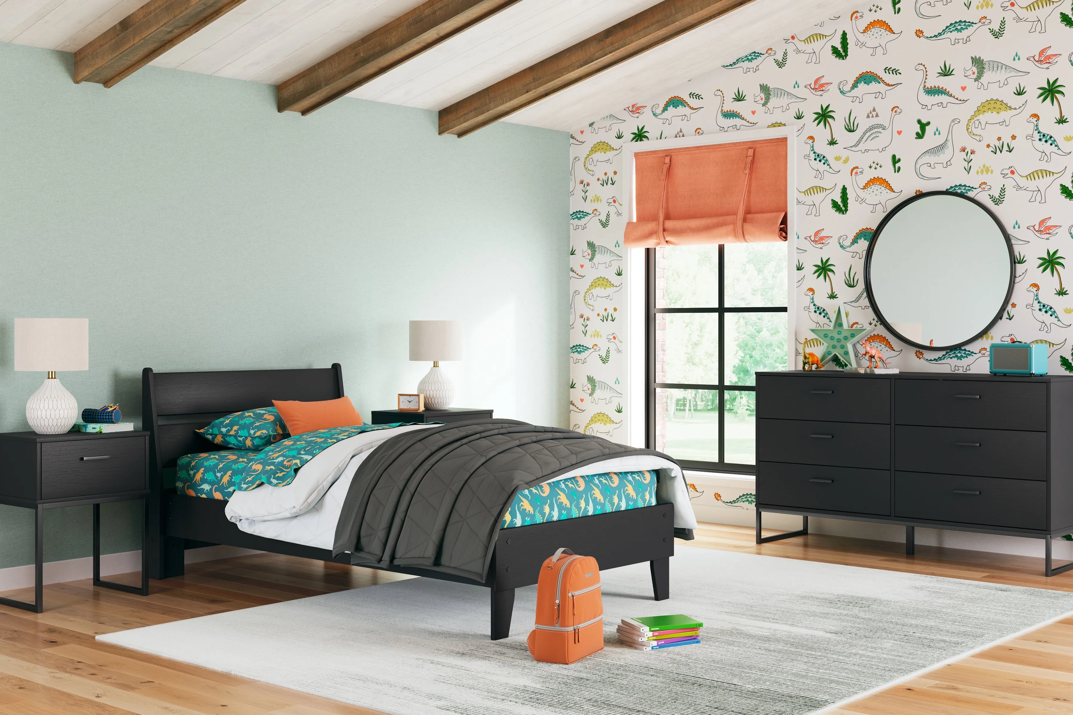 Socalle Twin Panel Platform Bed with Dresser and 2 Nightstands in Black