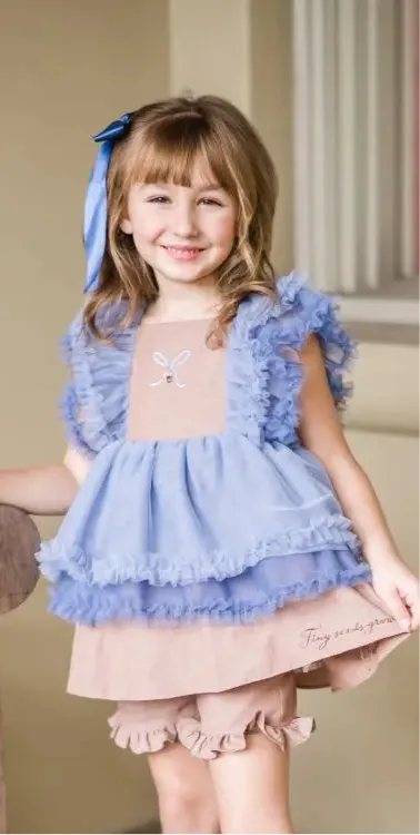 Tiny Acorns Wheat and Slate Embroidered Tunic and Shortie Set