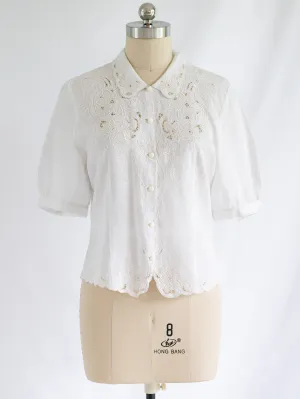 Vintage Linen Floral Embroidery Collared White Blouse