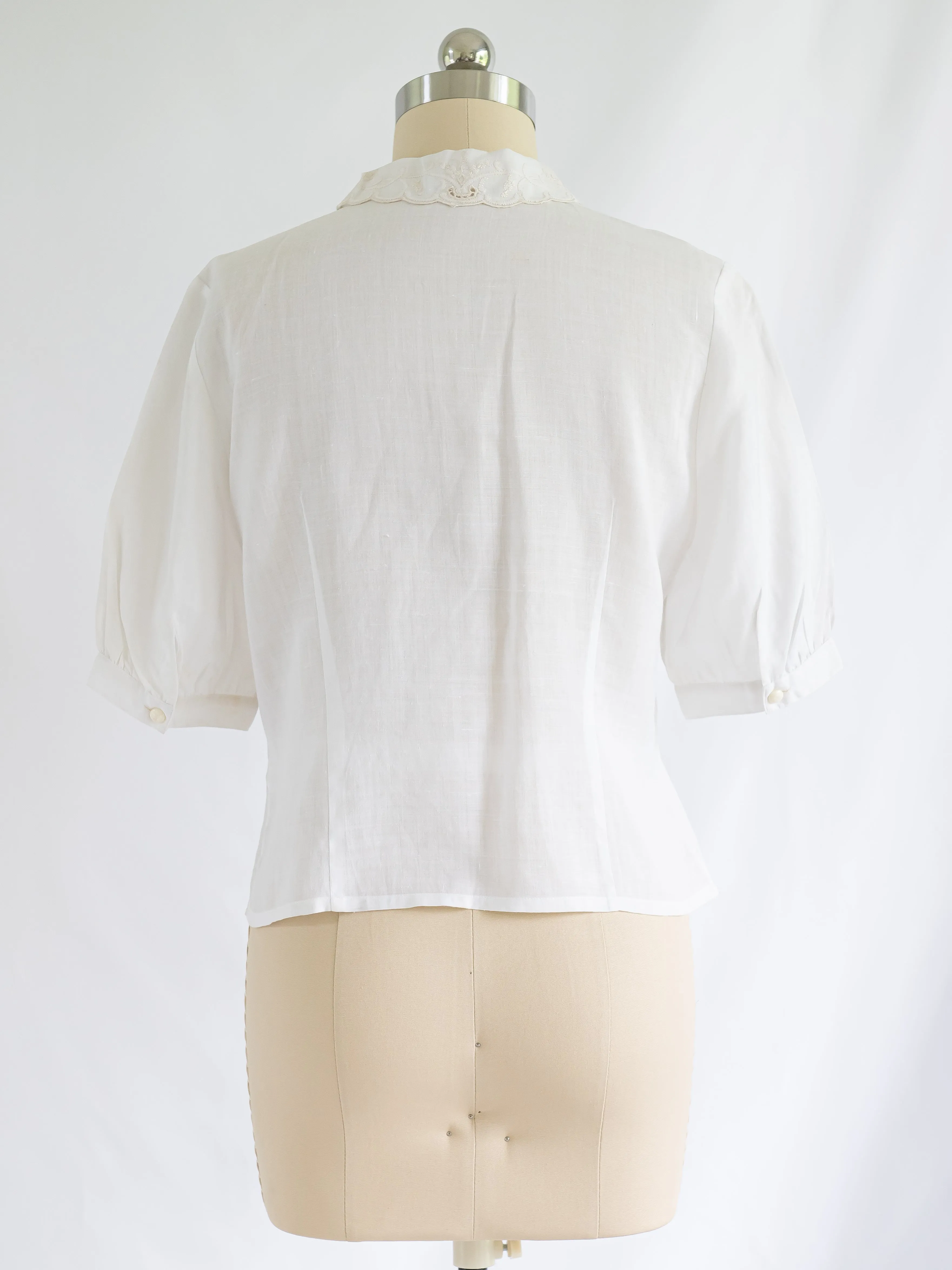 Vintage Linen Floral Embroidery Collared White Blouse