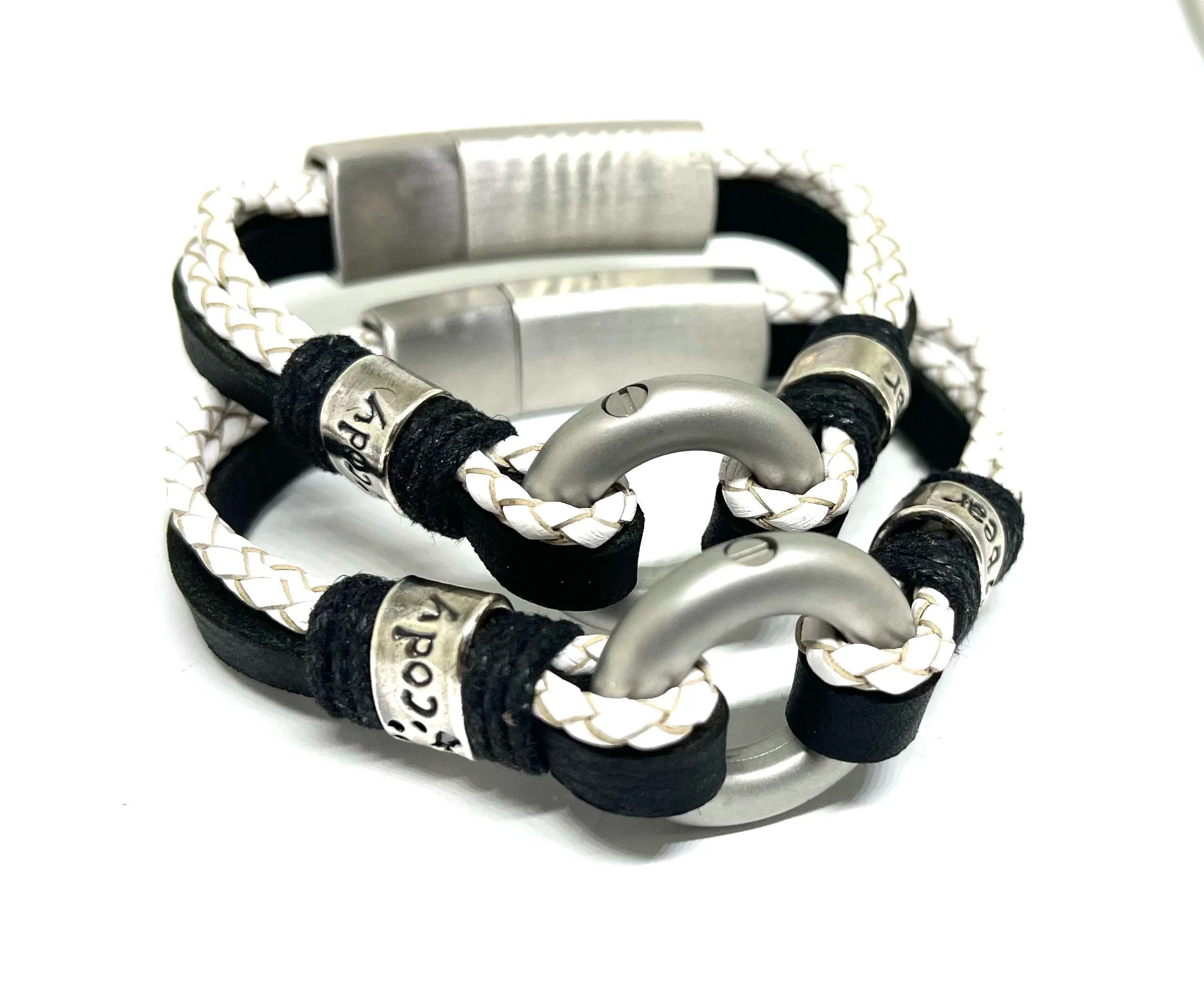 White Braided & Black Flat Leather Memorial Urn Bracelet
