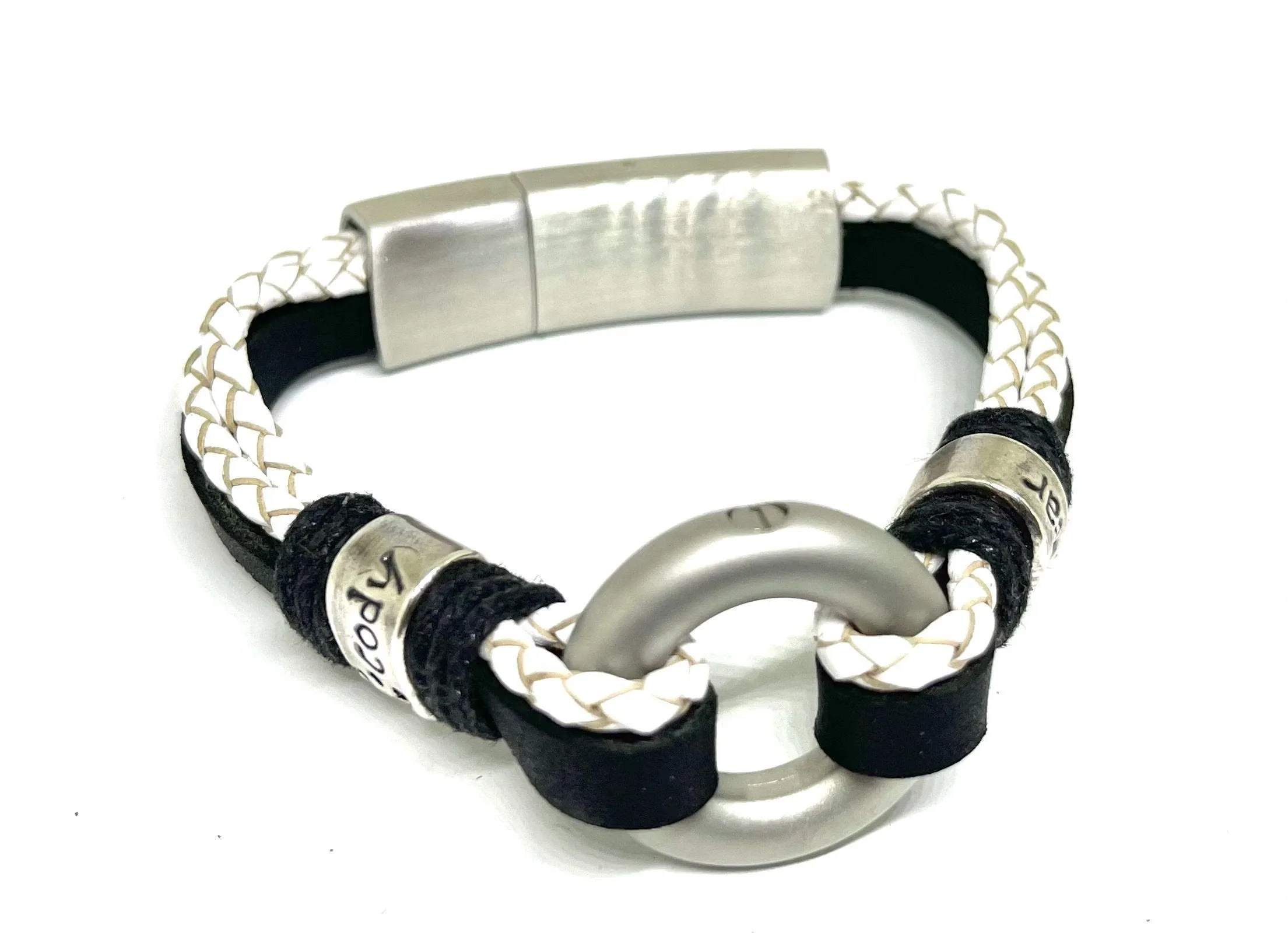 White Braided & Black Flat Leather Memorial Urn Bracelet