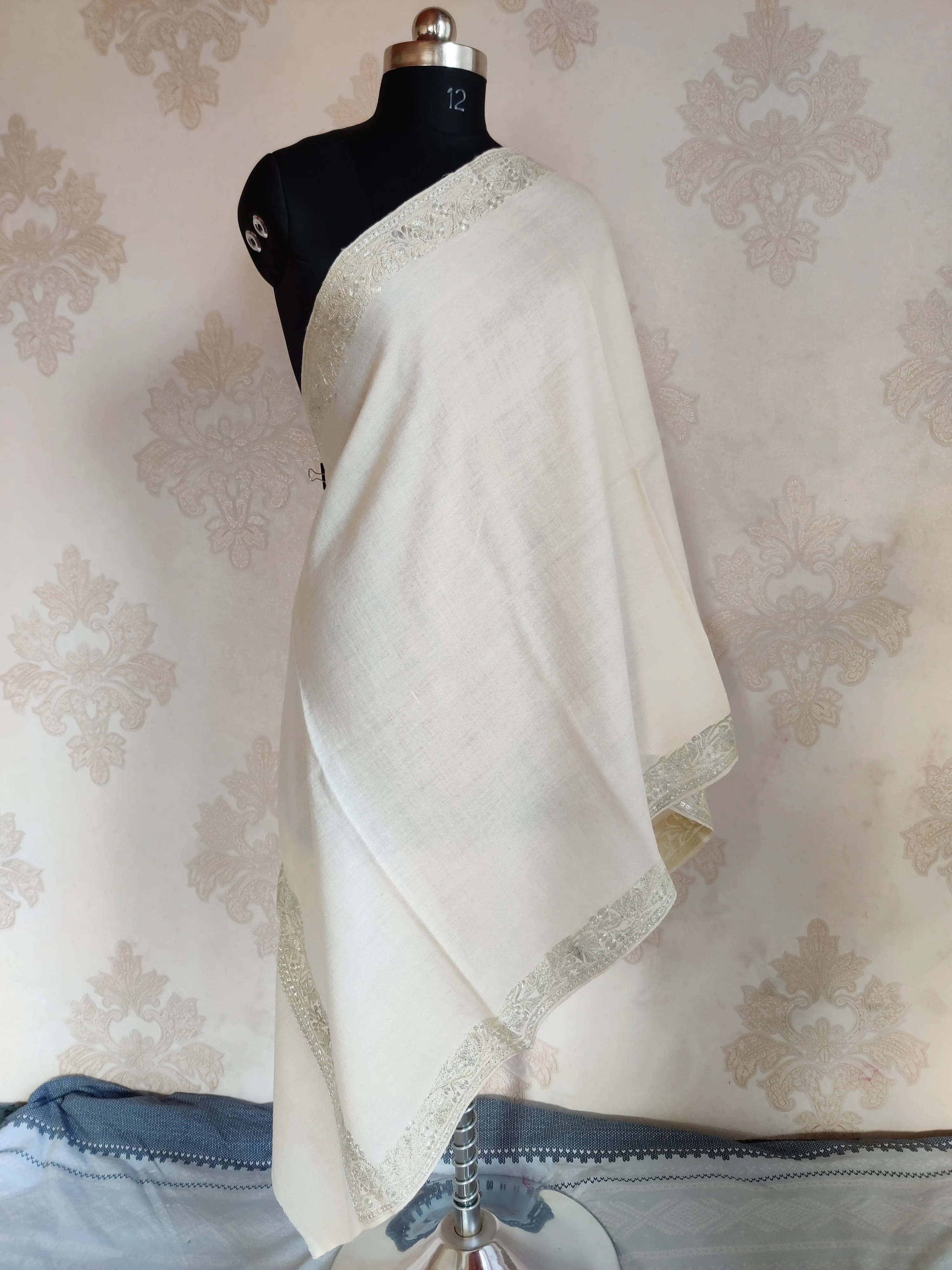 White Merino Wool Scarf with Tilla Embroidered Border
