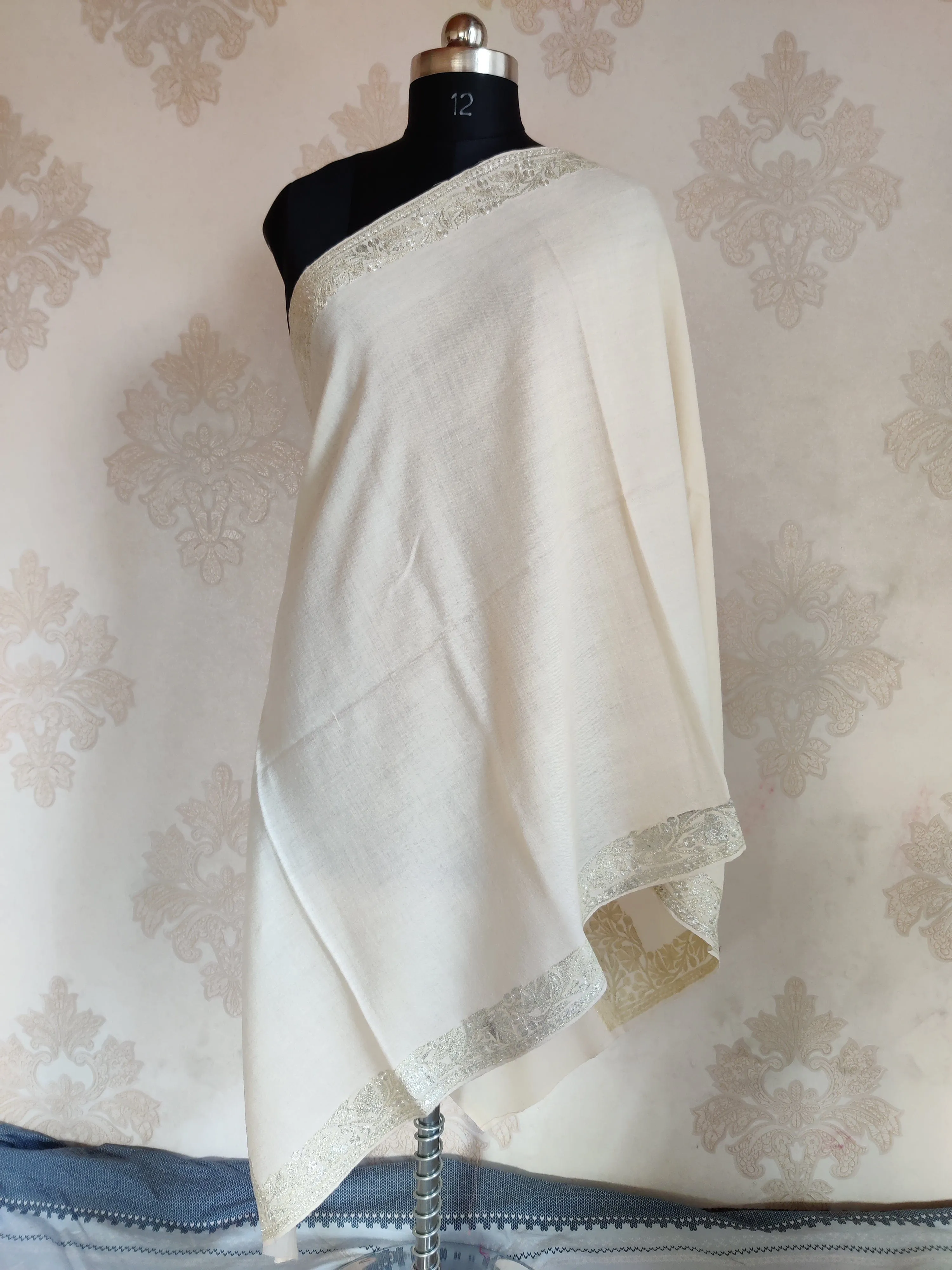 White Merino Wool Scarf with Tilla Embroidered Border