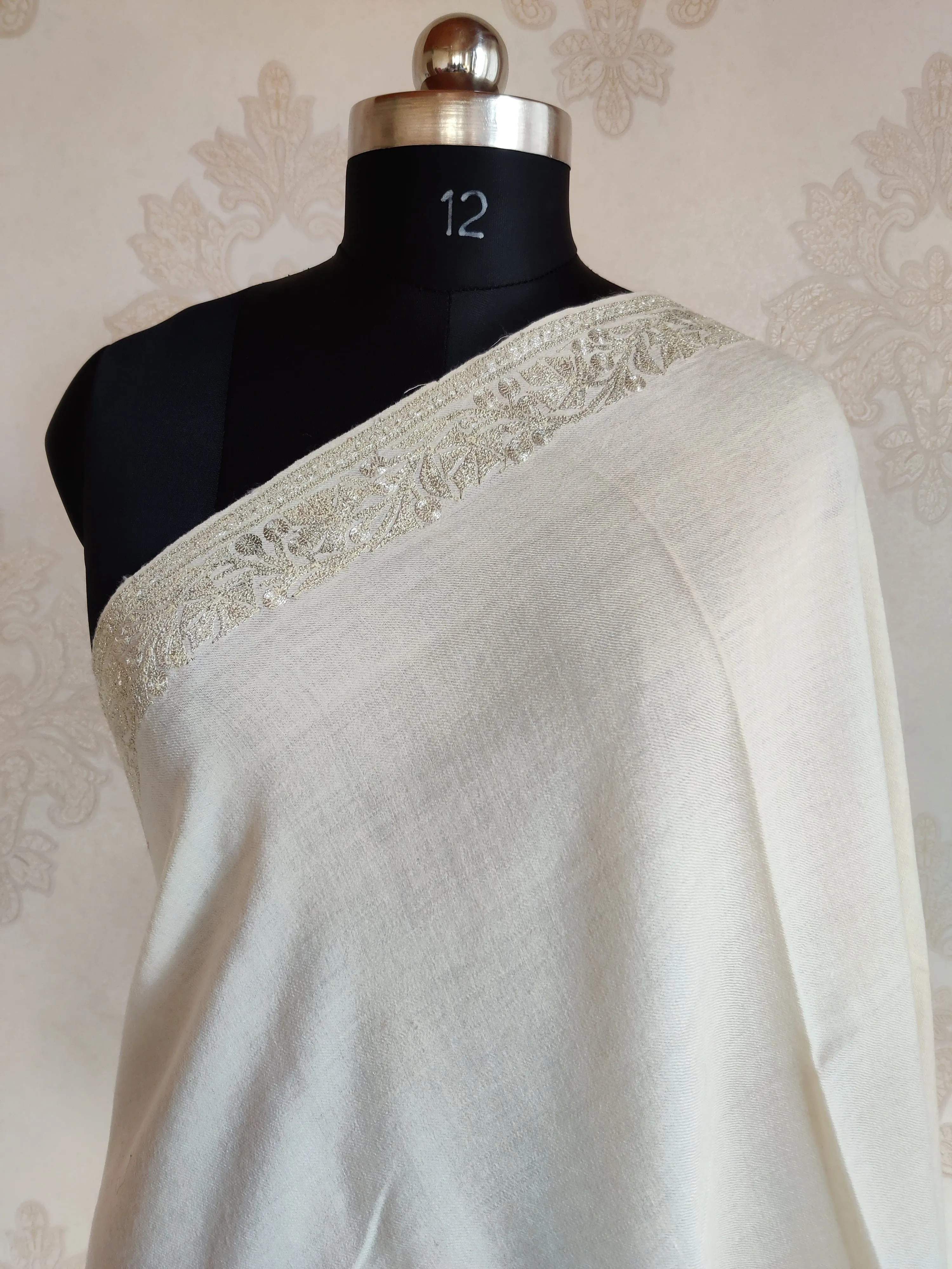 White Merino Wool Scarf with Tilla Embroidered Border