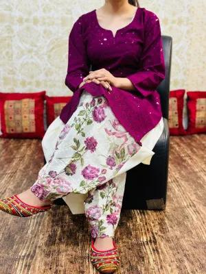 Wine Cotton Elegance Sequin-Infused Chikan Kurti and Digital Patiala Ensemble