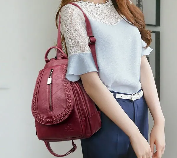 Women's Soft Leather Woven Backpack